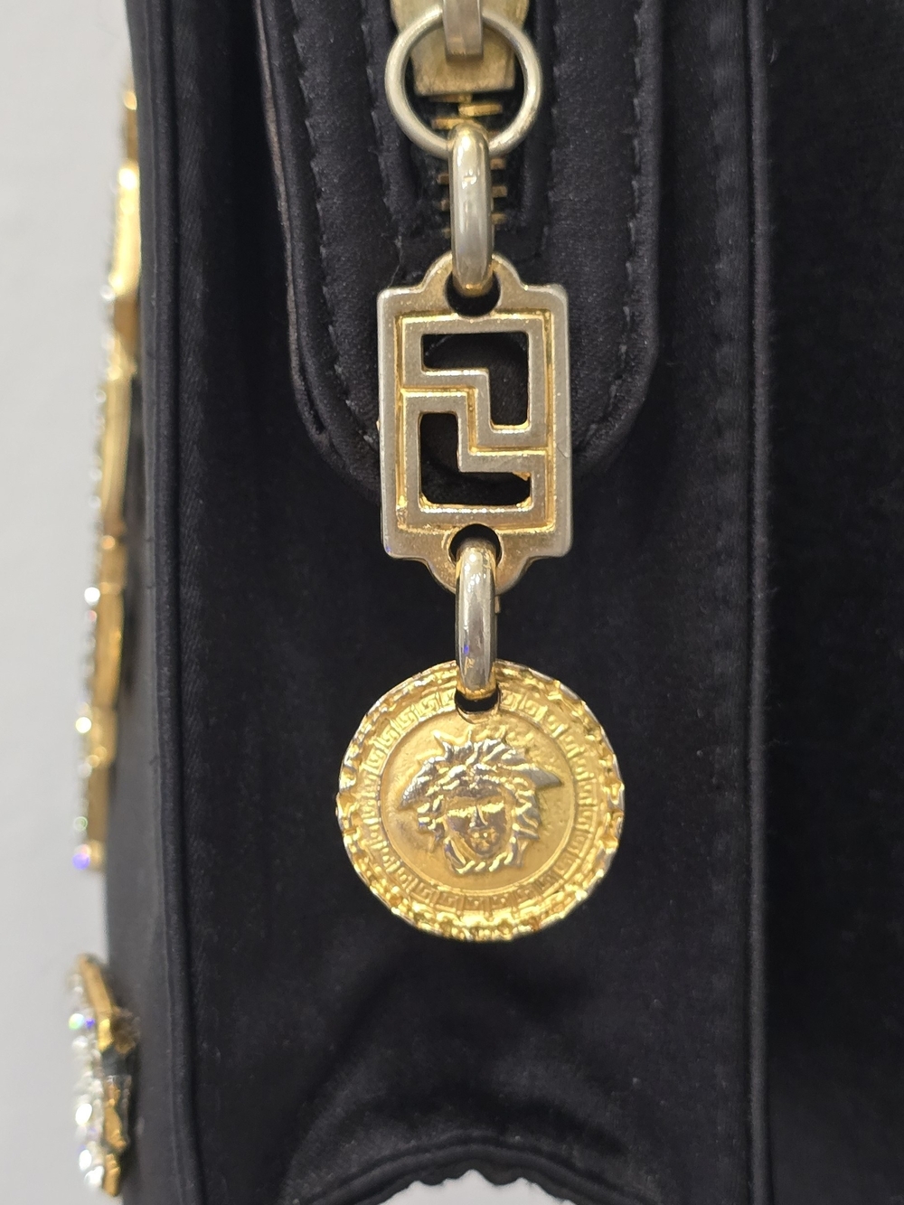 Rare Vintage 1992 Gianni Versace Couture Black Satin Rhinestone Medusa Bag - Picture 5 of 15